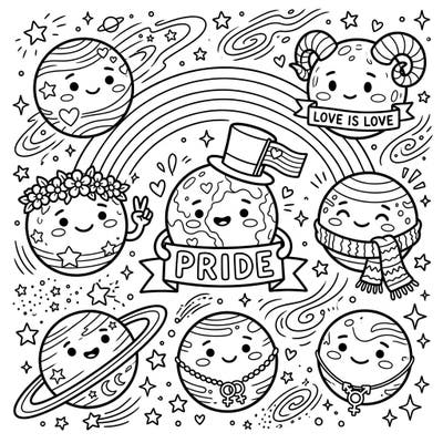 Journey to the stars with our heartwarming Pride Month coloring page featuring a parade of cute dwarf planets. Each celestial friend is ready to be brought to life with vibrant colors and love.