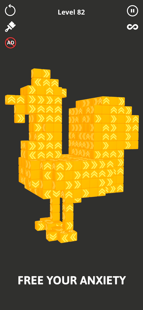 Una forma 3D de pollo amarilla hecha de bloques de puzzle en el nivel 82 del juego Tap Escape