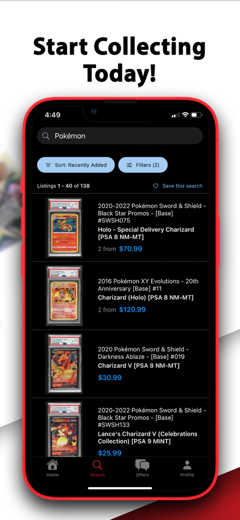 COMC - Check Out My Cards - COMC app search results showing various graded Pokemon Charizard cards for sale