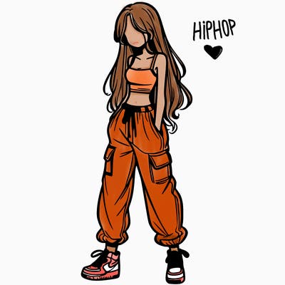 girl in baggy pants crop top and long hair