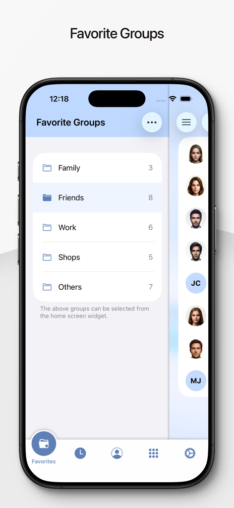 Perfect Dialer app interface showing organized favorite contact groups like Family and Work on an iPhone screen