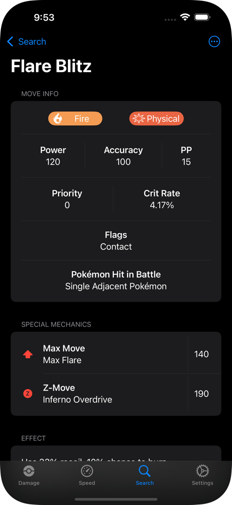 Damage Calculator - Detailed stats for the move Flare Blitz in the Pokemon Damage Calculator app.
