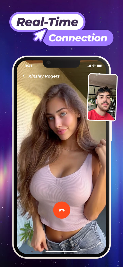 Fancy: Video Chat, Live, Meet - Real-time video chat interface on the Fancy app showing a face-to-face connection between two users.