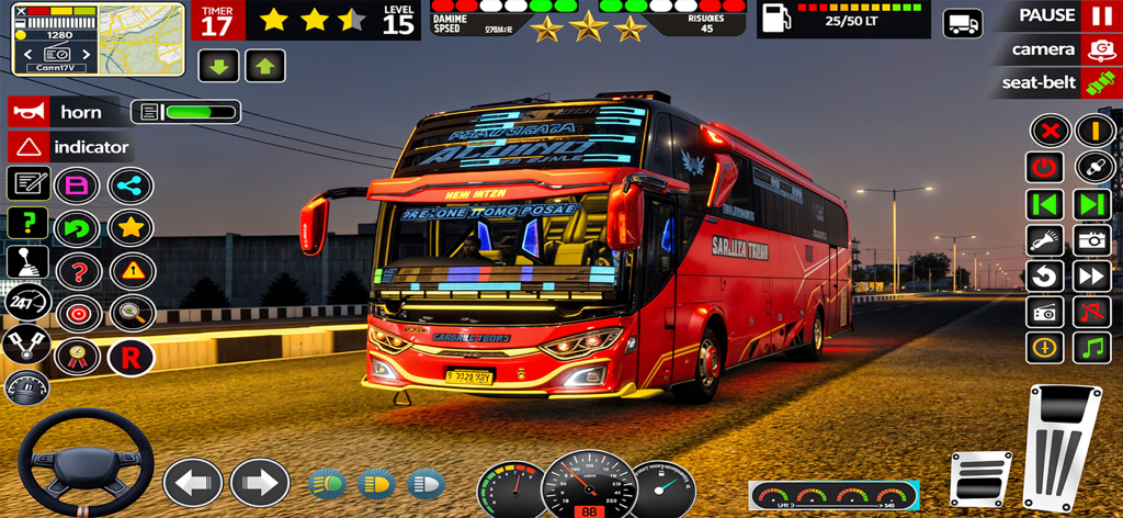 Public Bus Simulator Game 2025 - A red bus driving at night with a full digital dashboard and steering wheel in a simulation game