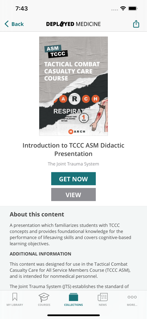 Tactical Combat Casualty Care course presentation in the Deployed Medicine app