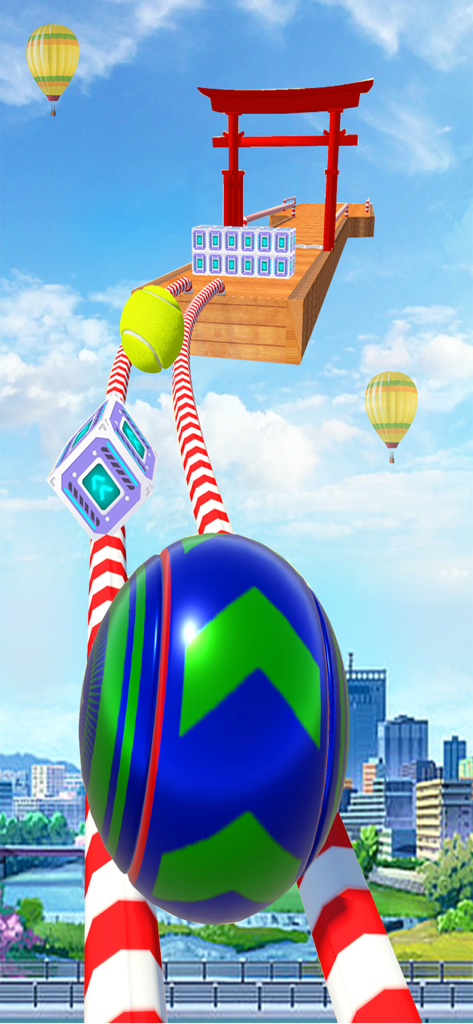 Crazy Balance Rolling Ball 3D - A blue and green patterned ball rolling on a red and white striped track in the sky with a torii gate and hot air balloons