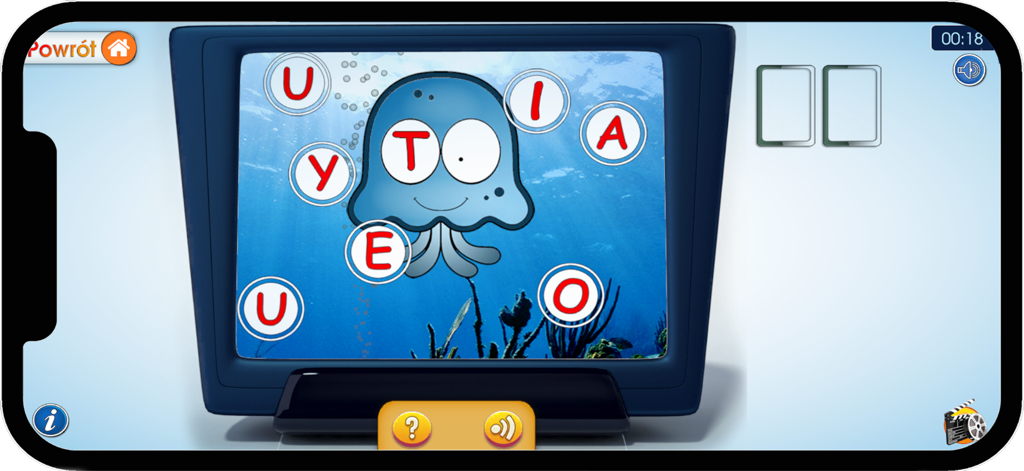 Literki T i D - Un personaje de medusa azul rodeado de letras polacas en burbujas dentro de una interfaz de juego educativo submarino