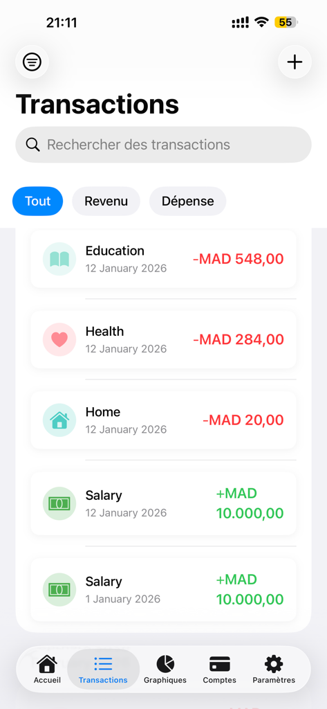 Spending tracker-Every Dollar - Interface móvel do aplicativo Rastreador de Despesas - Cada Dólar mostrando uma lista de receitas e despesas categorizadas.