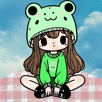 a girl wearing a frog hat and some frog socks