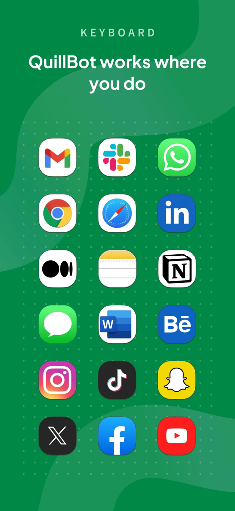 QuillBot: AI Writing, Keyboard - Grid of popular app icons including Gmail Slack and LinkedIn showing QuillBot keyboard compatibility