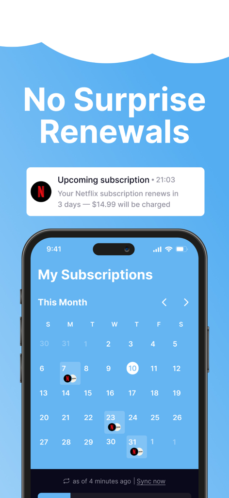 SubPilot: Cancel Subscriptions - SubPilot app interface showing a monthly calendar with subscription payment dates and a notification alert for an upcoming Netflix renewal