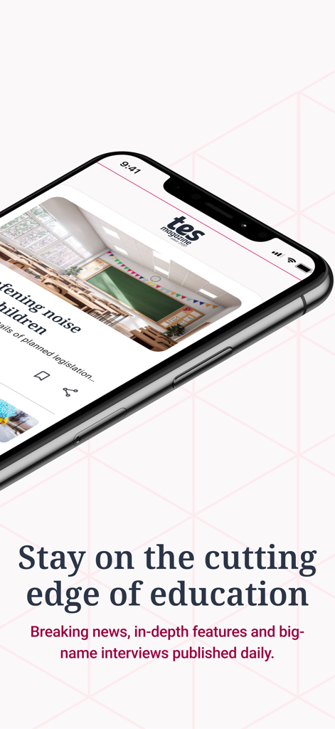 Aplicativo Tes Magazine no iPhone apresentando notícias de educação e artigos de pesquisa sobre ensino
