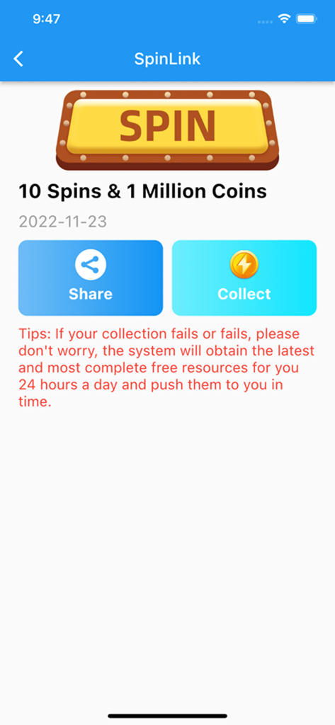 SpinLink - Spins and Coins - SpinLink mobile app interface showing a reward of 10 spins and 1 million coins with a collect button