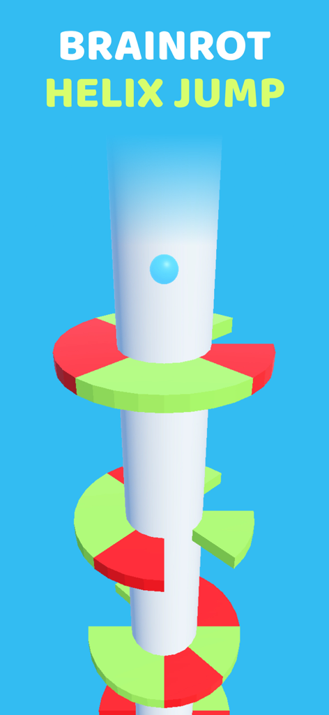No WiFi Games - Offline Games - A blue ball bouncing on a spiral tower with green and red platforms in the Brainrot Helix Jump game.