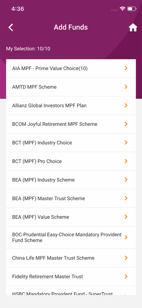 MPF Fund Platform - A list of available MPF investment schemes in the MPF Fund Platform app for user selection and comparison