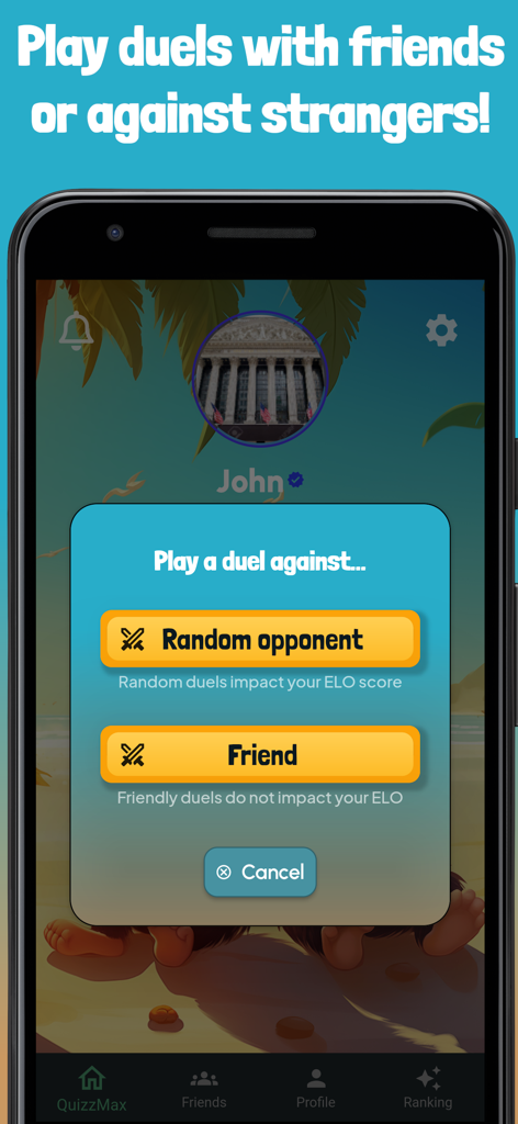 QuizzMax -The Multiplayer Quiz - QuizzMax Menübildschirm zum Spielen eines Quiz-Duells gegen zufällige Gegner oder Freunde.