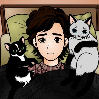 a 25 year old depressed girl laying on top of her bed with her two cats. one is a tuxedo cat and the other is a skinny saimese lynx point.