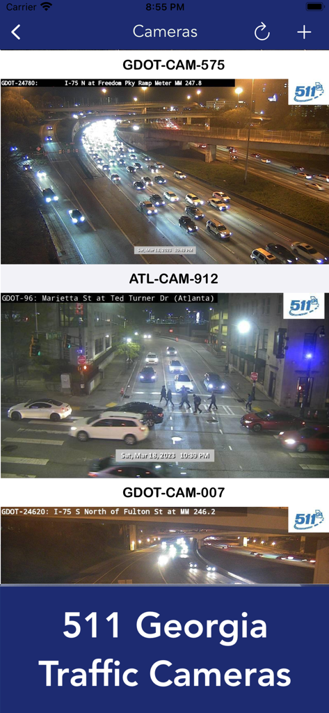 Mobile app showing live GDOT traffic camera feeds for Georgia highways and streets