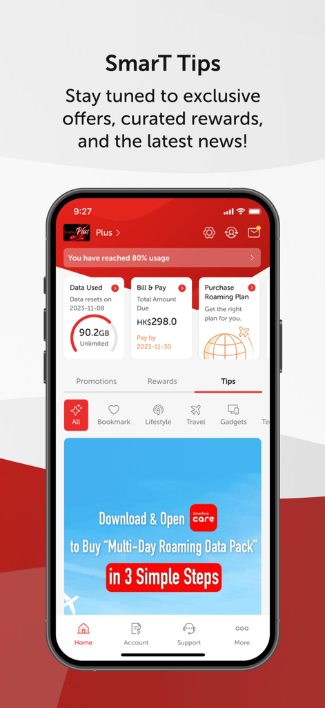 SmarTone CARE app home screen showing data usage billing information and roaming plan options
