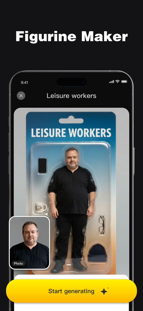 PixMuse: AI Photo Editor - PixMuse AI photo editor showing the figurine maker feature turning a portrait into a toy action figure.