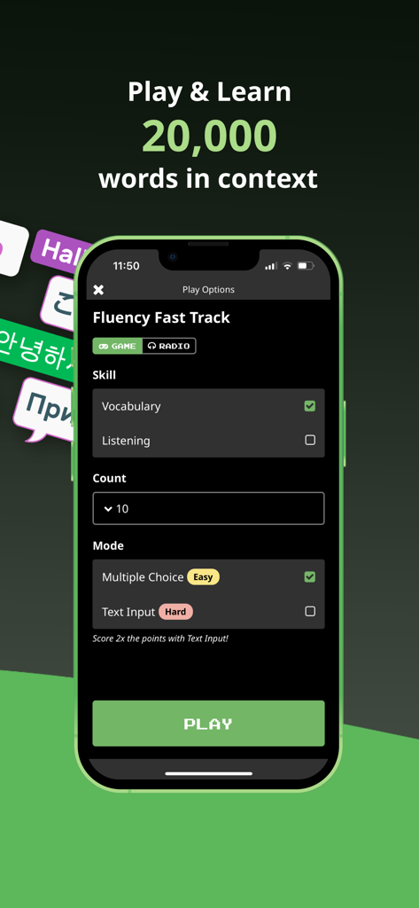 Clozemaster: Expand Vocabulary - Clozemaster mobile app screen showing the Fluency Fast Track game options for vocabulary and listening skills