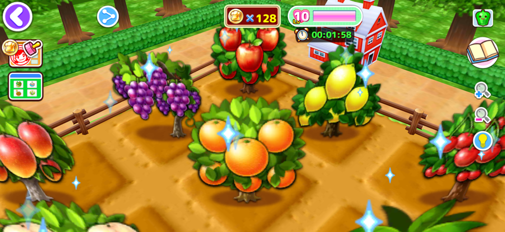 Um pomar vibrante de frutas na Aldeia Feliz da Cooking Mama, apresentando várias árvores frutíferas como maçãs, laranjas e uvas.