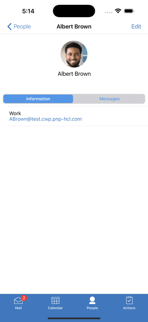 L'application HCL Verse affiche le profil de contact professionnel et l'adresse e-mail professionnelle d'Albert Brown.