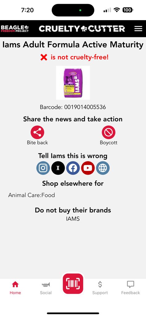 Cruelty Cutter - Cruelty Cutter app scan result showing a product that is not cruelty free with options to boycott and share