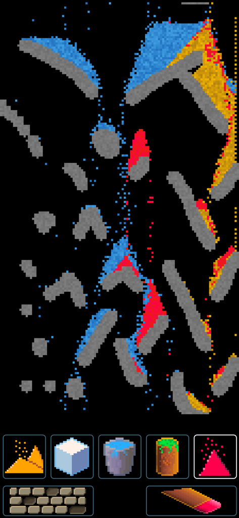 Pixel Sand - digital sandbox - Gameplay screenshot showing colorful pixels falling through grey obstacles in a digital sandbox