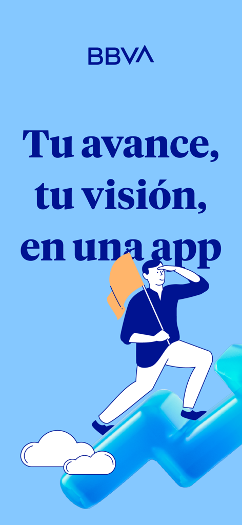 Pantalla promocional de la app BBVA Empresas con una ilustración de un emprendedor escalando hacia el éxito con texto español orientado al progreso.
