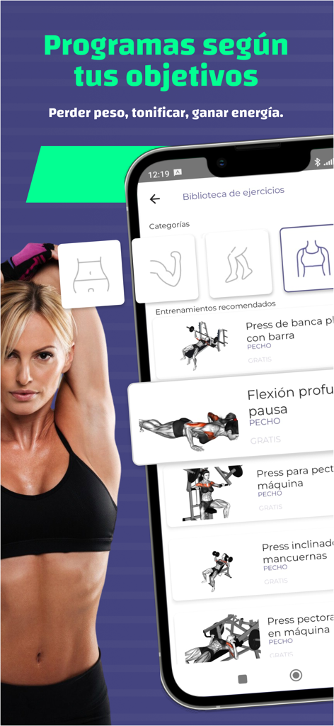 Fitclub Fuerza Femenina - A mobile app interface of Fitclub Fuerza Femenina showing fitness programs based on goals and a detailed exercise library for women.