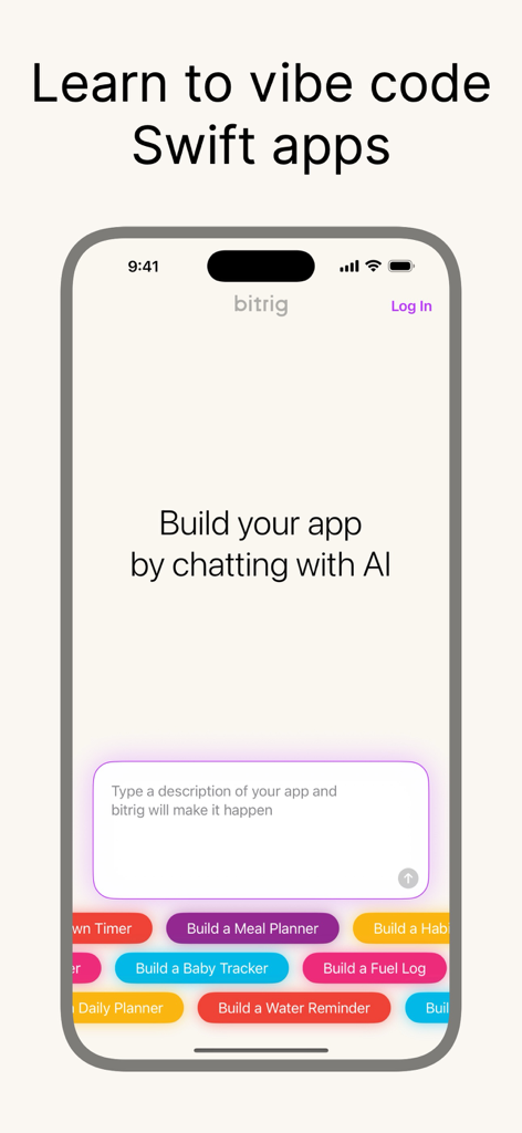 bitrig - Interfaz de la app móvil Bitrig para crear apps Swift chateando con IA.