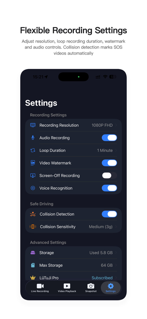 Settings screen of the LuTuJi dash cam app showing recording and safety features