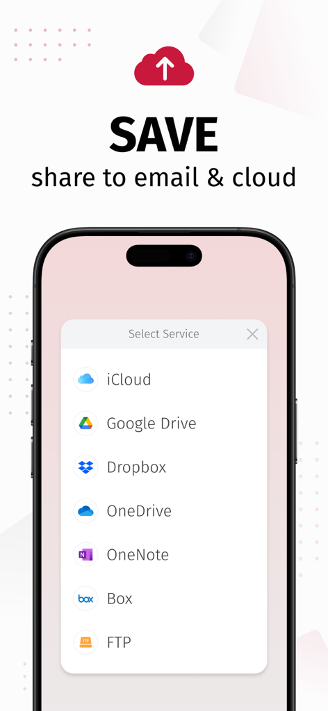 SwiftScan AIアプリのインターフェースで、iCloud、Google Drive、Dropboxなどのクラウドサービスにスキャンしたドキュメントを保存および共有するオプションを表示