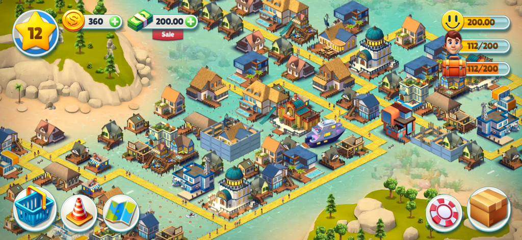 Cozy Town: City Building Game - Gameplay screenshot of Cozy Town showing an isometric seaside city with colorful houses and buildings on a tropical island