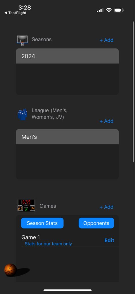 Shot Chart - Shot Chart basketball app screen for organizing seasons leagues and game statistics