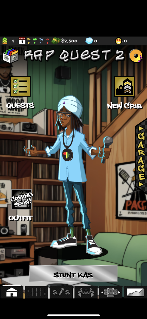 A custom rapper character holding a microphone in the main menu interface of the Rap Quest 2 mobile game.