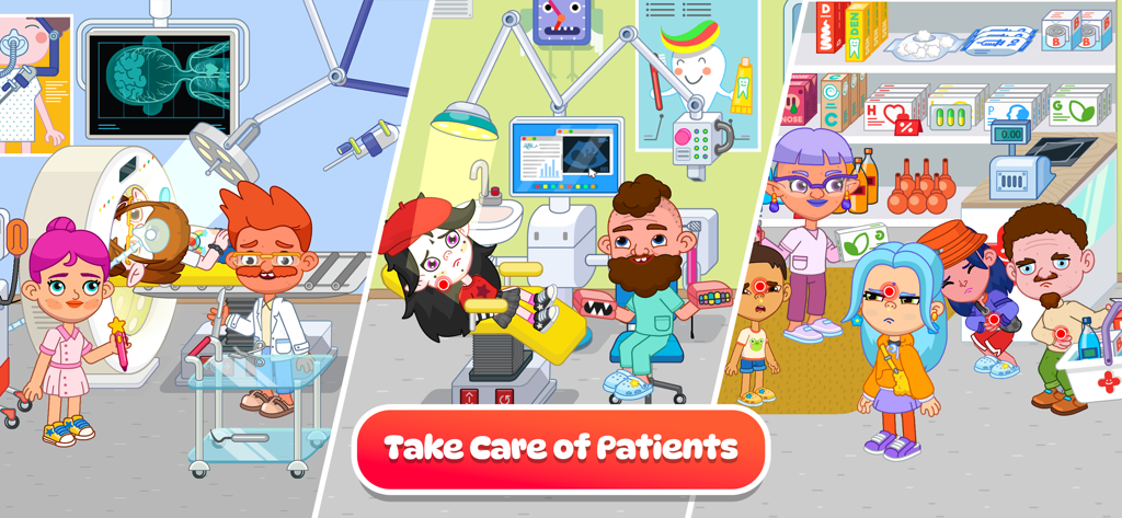 Pepi City: Hospital Life - Personaggi in stile cartone animato che interpretano ruoli di medici e pazienti in varie stanze d'ospedale e una farmacia