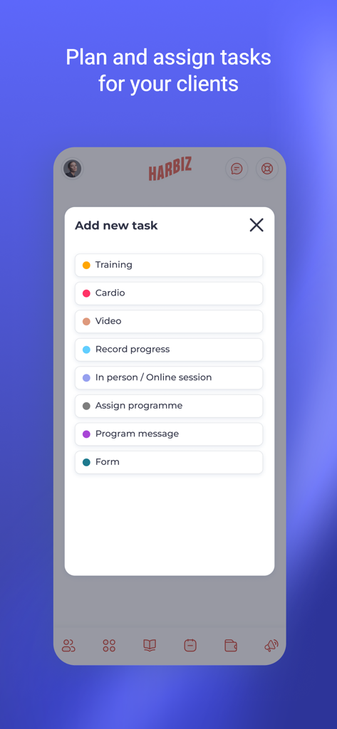 Harbiz Manager - Interfaz de la aplicación Harbiz Manager que muestra el menú para agregar nuevas tareas para la planificación de clientes