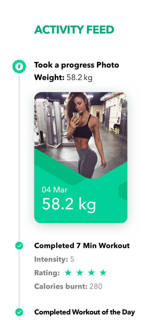 Activity feed in the GetFit app showing a progress photo and completed workout data