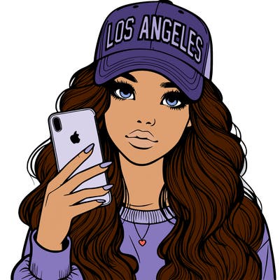 realistic beautiful girl wearing los ángeles cap holding an iphone