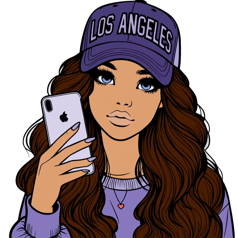 realistic beautiful girl wearing los ángeles cap holding an iphone