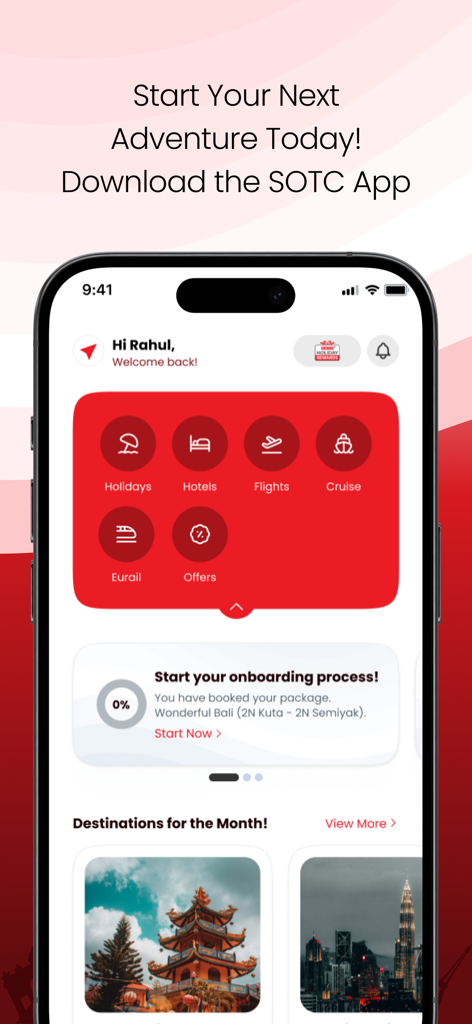 SOTC Holidays - Home screen of the SOTC Holidays app featuring travel booking options for holidays hotels flights and cruises