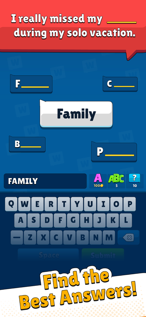 Popular Words: Family Game - Screenshot di gioco di trivia di Parole Popolari che mostra un puzzle di parole in stile sondaggio e una tastiera mobile
