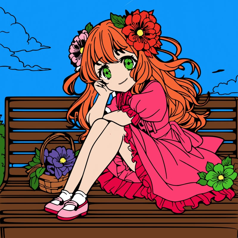 anime flower girl sitting on a bench in the sky