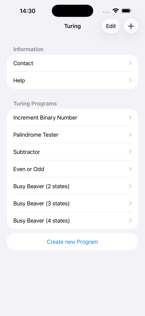 Turing Machine Simulator - Main menu of the Turing Machine Simulator app showing a list of example programs like Palindrome Tester and Subtractor.