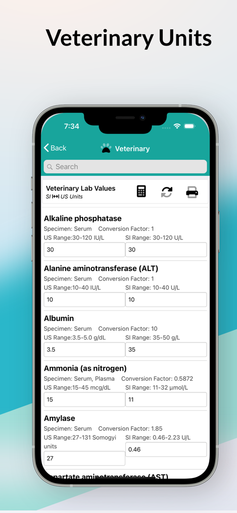 Interface de conversion des valeurs de laboratoire vétérinaires sur l'application mobile Convertisseur d'Unités Médicales