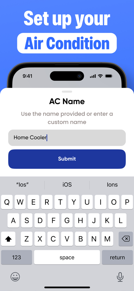 AC Remote: Universal Control. - Écran de smartphone montrant le processus de configuration pour nommer une unité de climatisation dans l'application AC Remote