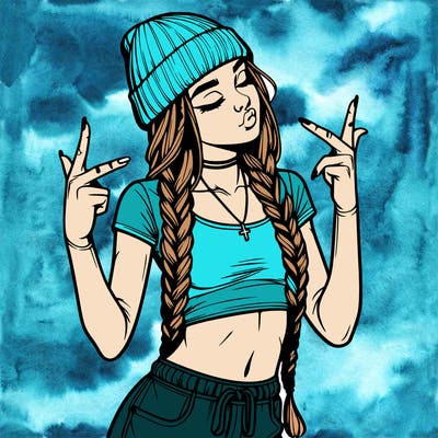 realistic teenage girl with braids and a beanie and crop top doing 🫶🏼