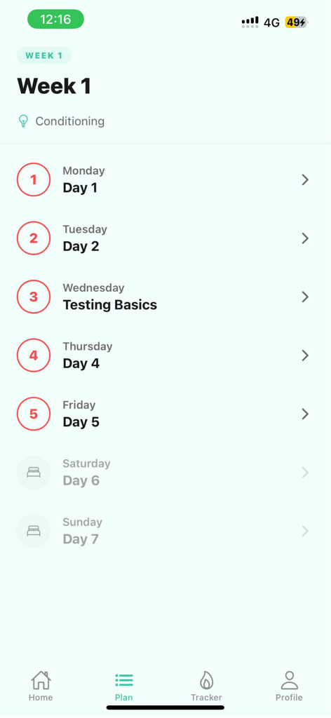 SweatFit - Weekly conditioning workout schedule in the SweatFit mobile app